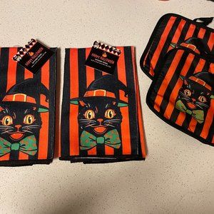 Vintage Black Cat Kitchen Hand Towels and Potholders (NEW)